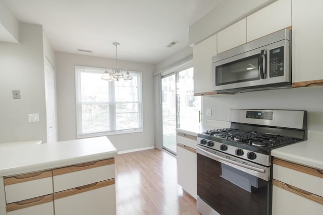 kitchen with appliances with stainless steel finishes, light wood-style flooring, healthy amount of natural light, and light countertops