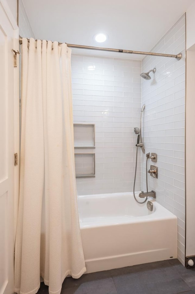 bathroom with shower / bath combo with shower curtain, tile patterned floors, and recessed lighting