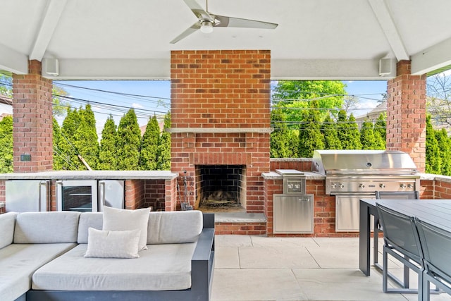 8260 W Argyle St, Norridge, IL 60706 - view of patio / terrace with an outdoor living space with a fireplace, wine cooler, and a ceiling fan