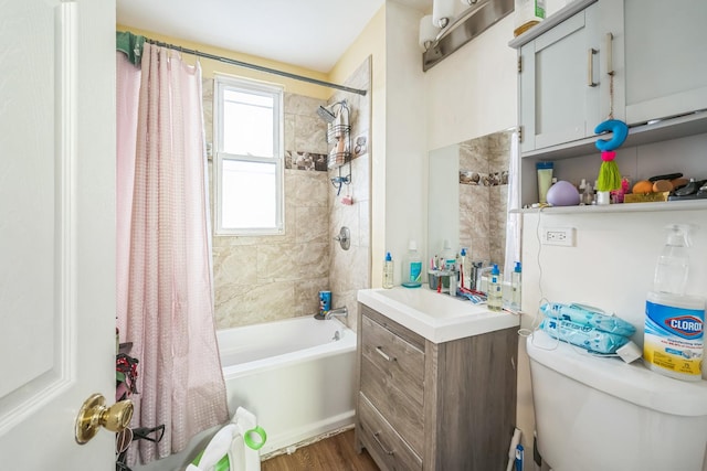 1332 S 50th Ave, Cicero, IL 60804 - bathroom with vanity, shower / bath combo with shower curtain, wood finished floors, and toilet