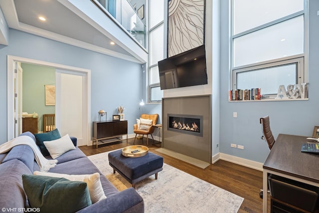living room with a fireplace, wood finished floors, baseboards, a high ceiling, and radiator heating unit