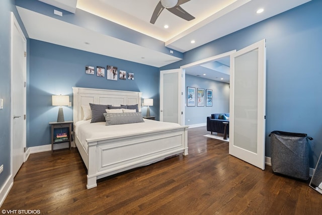 bedroom with dark wood finished floors, baseboards, recessed lighting, and a ceiling fan