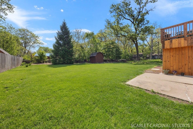 view of yard featuring a storage shed, a patio area, and an outbuilding