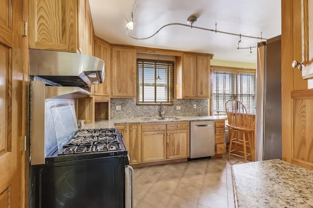 1021 S Blvd, Evanston, IL 60202 - kitchen with stainless steel appliances, rail lighting, under cabinet range hood, tasteful backsplash, and light stone counters