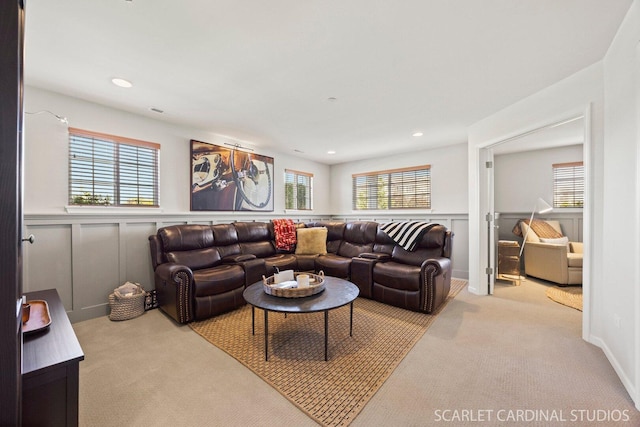 4404 Monroe Ct, Naperville, IL 60564 - living room featuring carpet floors, a wainscoted wall, a decorative wall, and recessed lighting