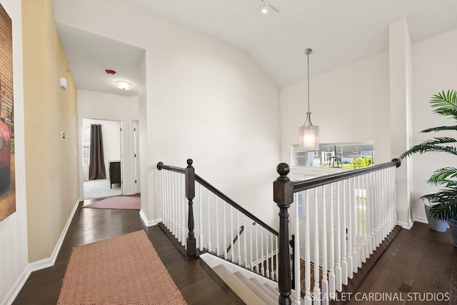 4404 Monroe Ct, Naperville, IL 60564 - hall with an upstairs landing, wood finished floors, baseboards, and high vaulted ceiling