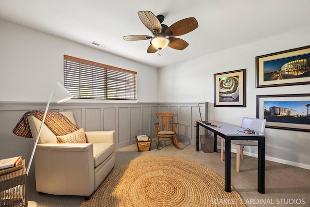 4404 Monroe Ct, Naperville, IL 60564 - sitting room with carpet floors, wainscoting, a ceiling fan, and a decorative wall