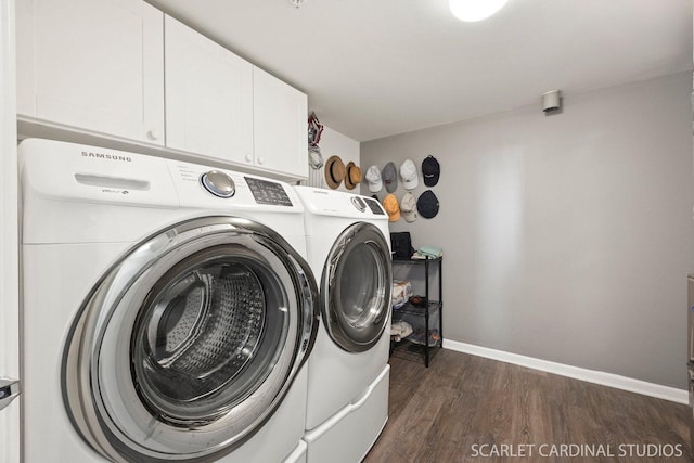4404 Monroe Ct, Naperville, IL 60564 - laundry room featuring independent washer and dryer, cabinet space, dark wood finished floors, and baseboards