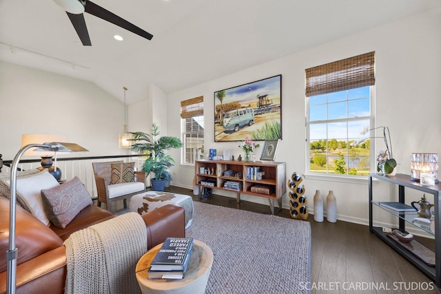 4404 Monroe Ct, Naperville, IL 60564 - living room featuring a ceiling fan, wood-type flooring, baseboards, vaulted ceiling, and recessed lighting
