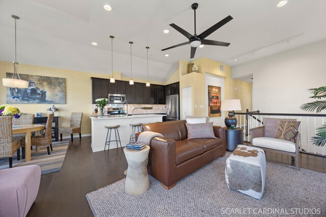 4404 Monroe Ct, Naperville, IL 60564 - living area featuring ceiling fan, wood-type flooring, recessed lighting, vaulted ceiling, and baseboards
