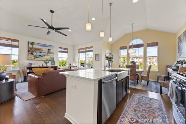 4404 Monroe Ct, Naperville, IL 60564 - kitchen featuring stainless steel dishwasher, open floor plan, dark wood finished floors, lofted ceiling, and ceiling fan