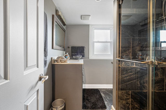 8909 S 85th Ct, Hickory Hills, IL 60457 - bathroom with a shower stall, vanity, and marble look tiles