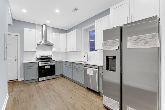 1315 S Kolin Ave, Chicago, IL 60623 - kitchen featuring appliances with stainless steel finishes, wall chimney exhaust hood, gray cabinetry, a sink, and light wood-style flooring