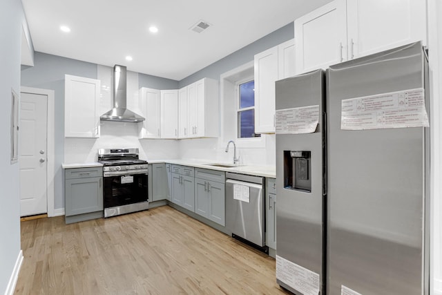 1315 S Kolin Ave, Chicago, IL 60623 - kitchen featuring stainless steel appliances, wall chimney range hood, gray cabinetry, a sink, and light wood-style flooring