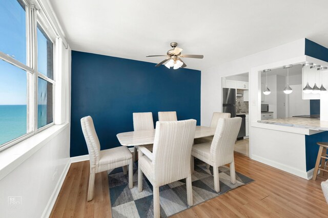 6301 N Sheridan Rd Unit 19O, Chicago, IL 60660 - dining area with ceiling fan, light wood finished floors, baseboards, and a water view