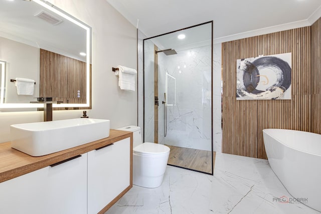full bathroom with marble finish floors, a marble finish shower, recessed lighting, a soaking tub, and toilet
