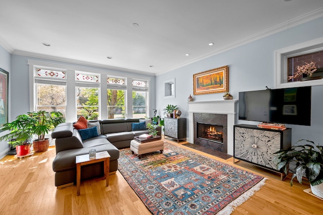 6036 N Damen Ave Unit 1S, Chicago, IL 60659 - living area featuring crown molding, a fireplace with flush hearth, and wood finished floors