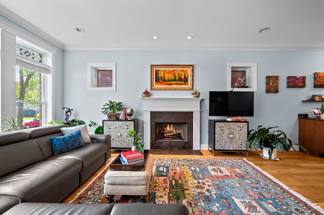 6036 N Damen Ave Unit 1S, Chicago, IL 60659 - living area featuring ornamental molding, wood finished floors, a fireplace with flush hearth, and recessed lighting