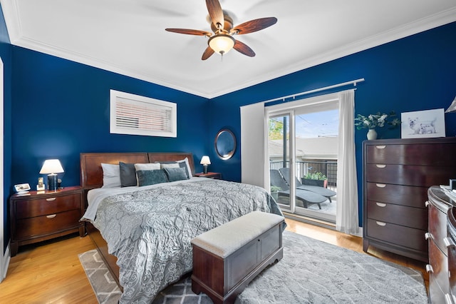 6036 N Damen Ave Unit 1S, Chicago, IL 60659 - bedroom with access to exterior, wood finished floors, crown molding, and a ceiling fan