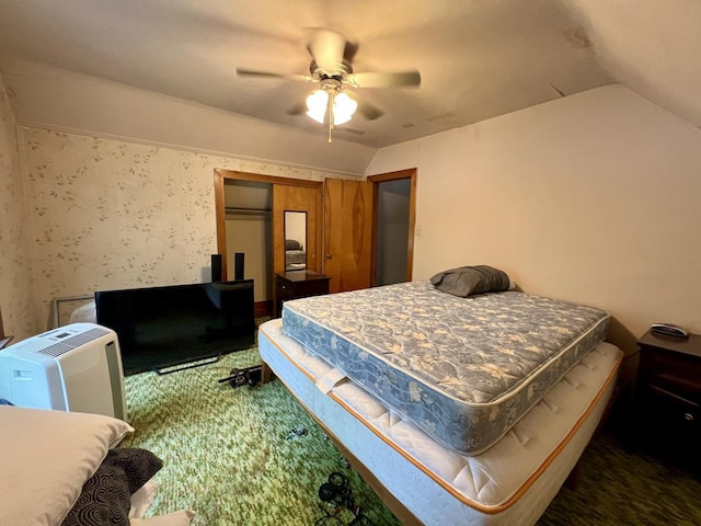 866 E Center St, Paxton, IL 60957 - carpeted bedroom with vaulted ceiling, a ceiling fan, and a closet