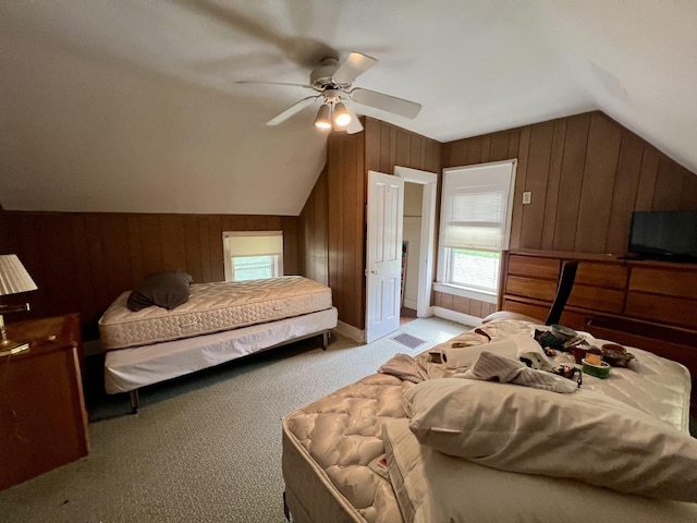 866 E Center St, Paxton, IL 60957 - carpeted bedroom with lofted ceiling, wooden walls, multiple windows, a ceiling fan, and baseboards