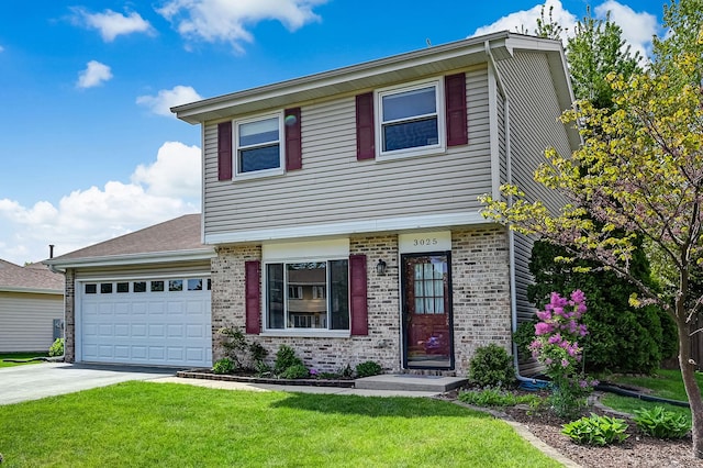 3025 Diane Dr, Aurora, IL 60504 - view of front of house with brick siding, concrete driveway, a garage, and a front yard