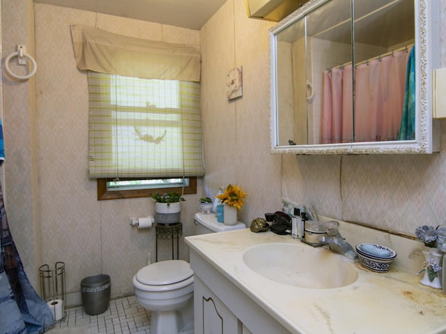 11125 S Fairfield Ave, Chicago, IL 60655 - full bathroom with toilet, a shower with shower curtain, tile patterned flooring, wallpapered walls, and vanity