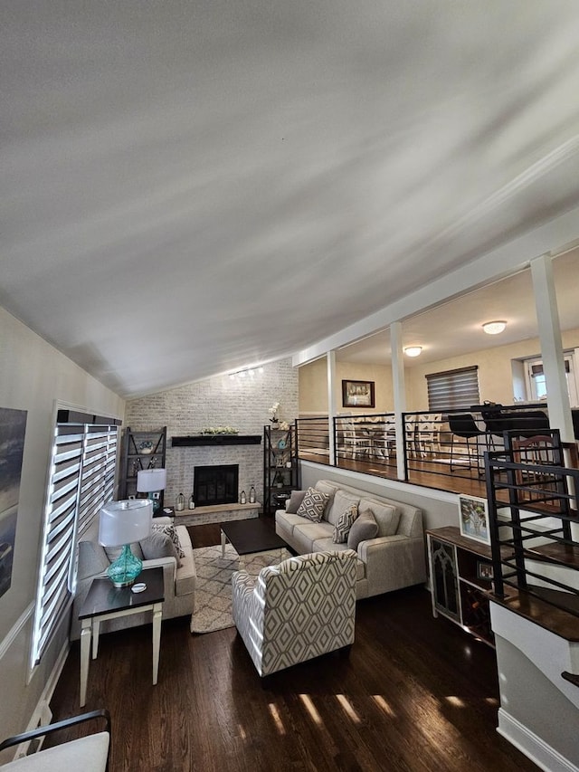 8 W Emerson St, Arlington Heights, IL 60005 - living area featuring wood finished floors, a large fireplace, and vaulted ceiling