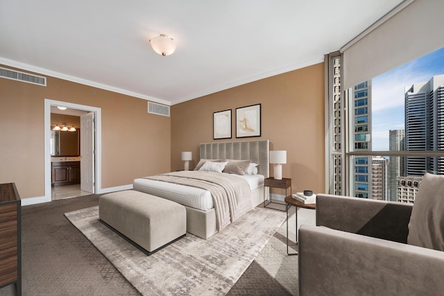 21 E Huron St Unit 3204, Chicago, IL 60611 - carpeted bedroom with crown molding, baseboards, a view of city, expansive windows, and ensuite bath