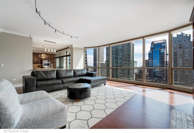 21 E Huron St Unit 3204, Chicago, IL 60611 - living area featuring a view of city, wood finished floors, floor to ceiling windows, crown molding, and a chandelier