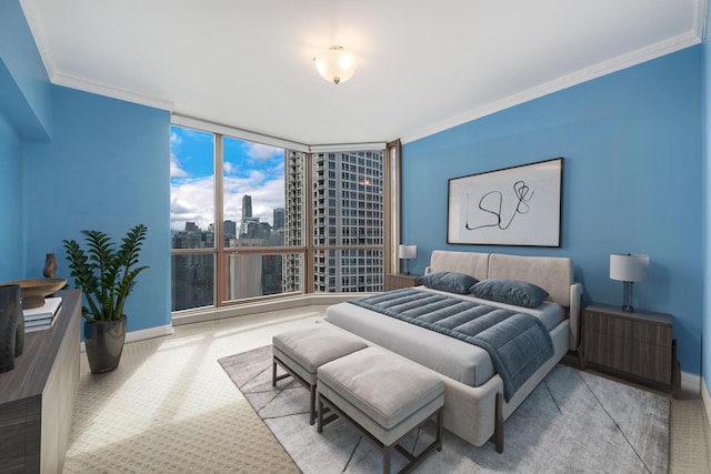 21 E Huron St Unit 3204, Chicago, IL 60611 - carpeted bedroom with a city view, crown molding, baseboards, and a wall of windows