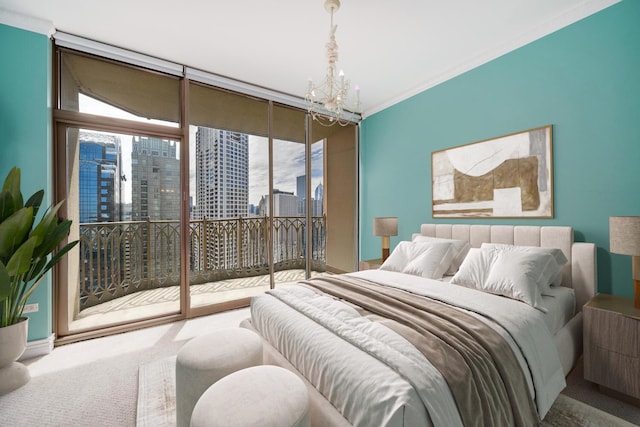 21 E Huron St Unit 3204, Chicago, IL 60611 - carpeted bedroom featuring access to exterior, a chandelier, a view of city, and ornamental molding