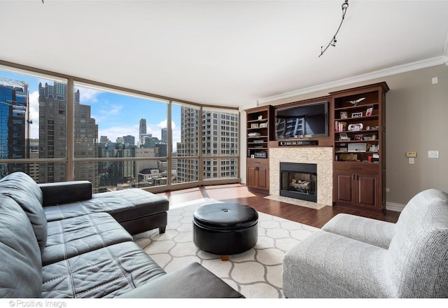 21 E Huron St Unit 3204, Chicago, IL 60611 - living area featuring wood finished floors, a fireplace with flush hearth, healthy amount of natural light, crown molding, and baseboards