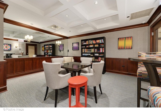 21 E Huron St Unit 3204, Chicago, IL 60611 - dining space with coffered ceiling, a chandelier, beamed ceiling, a wainscoted wall, and carpet floors