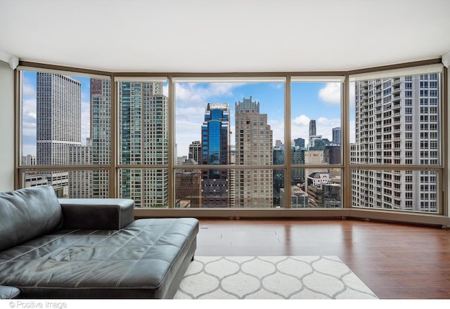 21 E Huron St Unit 3204, Chicago, IL 60611 - living area featuring a view of skyline, hardwood / wood-style floors, and a wall of windows