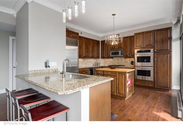 21 E Huron St Unit 3204, Chicago, IL 60611 - kitchen featuring appliances with stainless steel finishes, a sink, dark wood finished floors, a chandelier, and ornamental molding