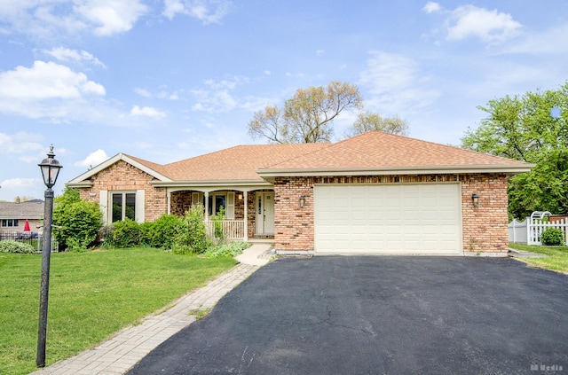 14801 Jean Ct, Oak Forest, IL 60452 - ranch-style home with driveway, an attached garage, a porch, brick siding, and roof with shingles