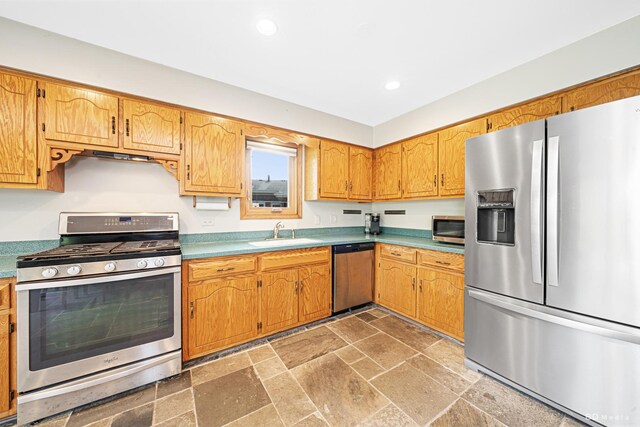 14801 Jean Ct, Oak Forest, IL 60452 - kitchen with appliances with stainless steel finishes, a sink, stone tile flooring, recessed lighting, and light countertops