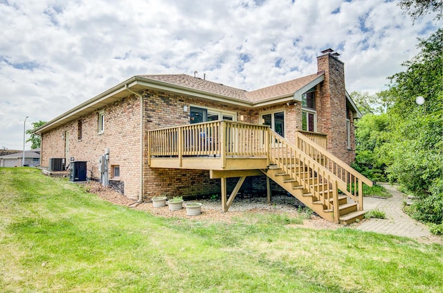 14801 Jean Ct, Oak Forest, IL 60452 - back of house with stairway, brick siding, a yard, a chimney, and a deck