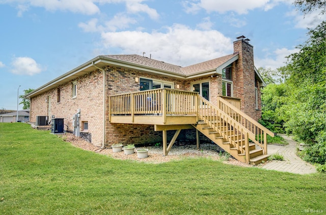 14801 Jean Ct, Oak Forest, IL 60452 - rear view of house featuring stairs, a chimney, brick siding, a lawn, and a wooden deck