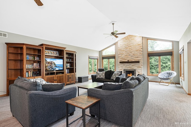 14801 Jean Ct, Oak Forest, IL 60452 - living room with a ceiling fan, a fireplace, light colored carpet, baseboards, and high vaulted ceiling