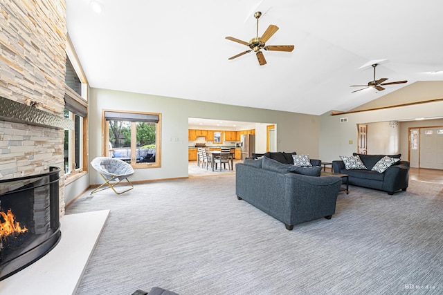 14801 Jean Ct, Oak Forest, IL 60452 - carpeted living room with a fireplace, ceiling fan, baseboards, and high vaulted ceiling