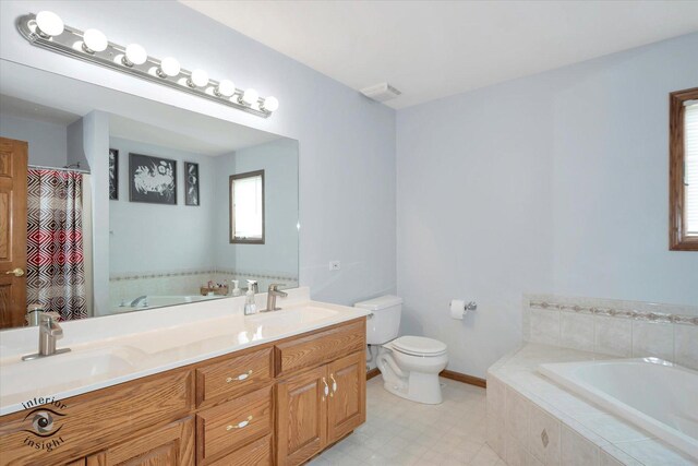 975 S Laura Ln, Coal City, IL 60416 - full bathroom featuring toilet, a bath, double vanity, baseboards, and curtained shower
