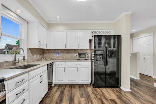 1723 Victor Ter, Gurnee, IL 60031 - kitchen with black refrigerator with ice dispenser, a sink, light countertops, crown molding, and dark wood-style floors