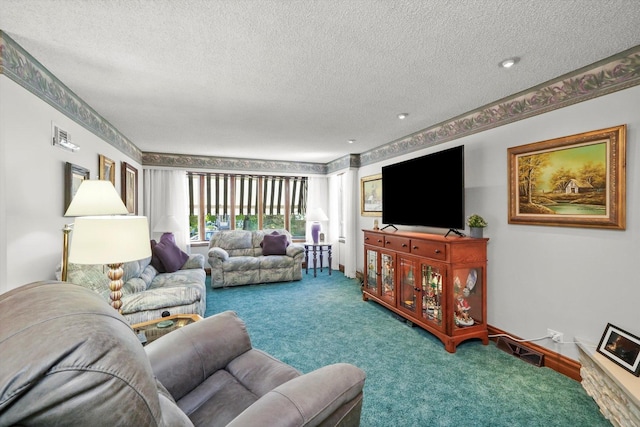 carpeted living room featuring a textured ceiling