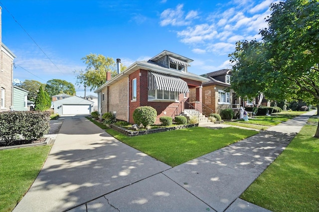 bungalow-style house featuring brick siding, a detached garage, concrete driveway, a front lawn, and an outdoor structure