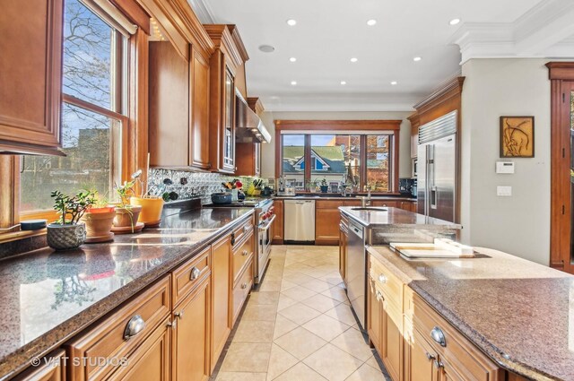4752 N Beacon St, Chicago, IL 60613 - kitchen featuring high end appliances, a sink, decorative backsplash, dark stone counters, and recessed lighting