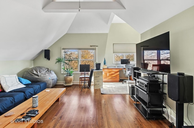 4752 N Beacon St, Chicago, IL 60613 - living room with lofted ceiling, wood finished floors, and an office area