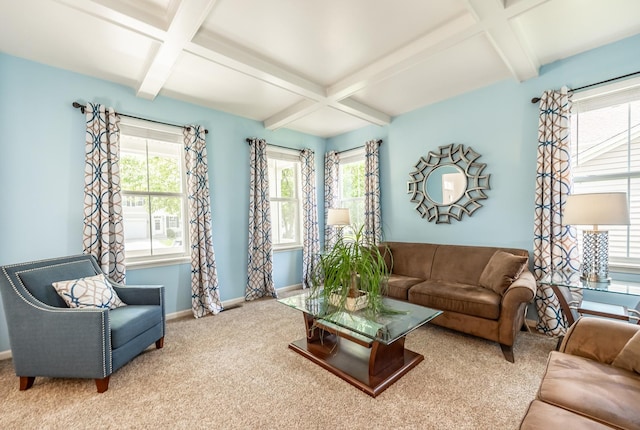 3080 Wickenden Ave, Elgin, IL 60124 - carpeted living room with coffered ceiling, beamed ceiling, plenty of natural light, and baseboards