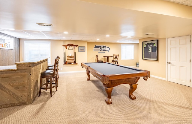 3080 Wickenden Ave, Elgin, IL 60124 - game room featuring light colored carpet, pool table, baseboards, a bar, and recessed lighting